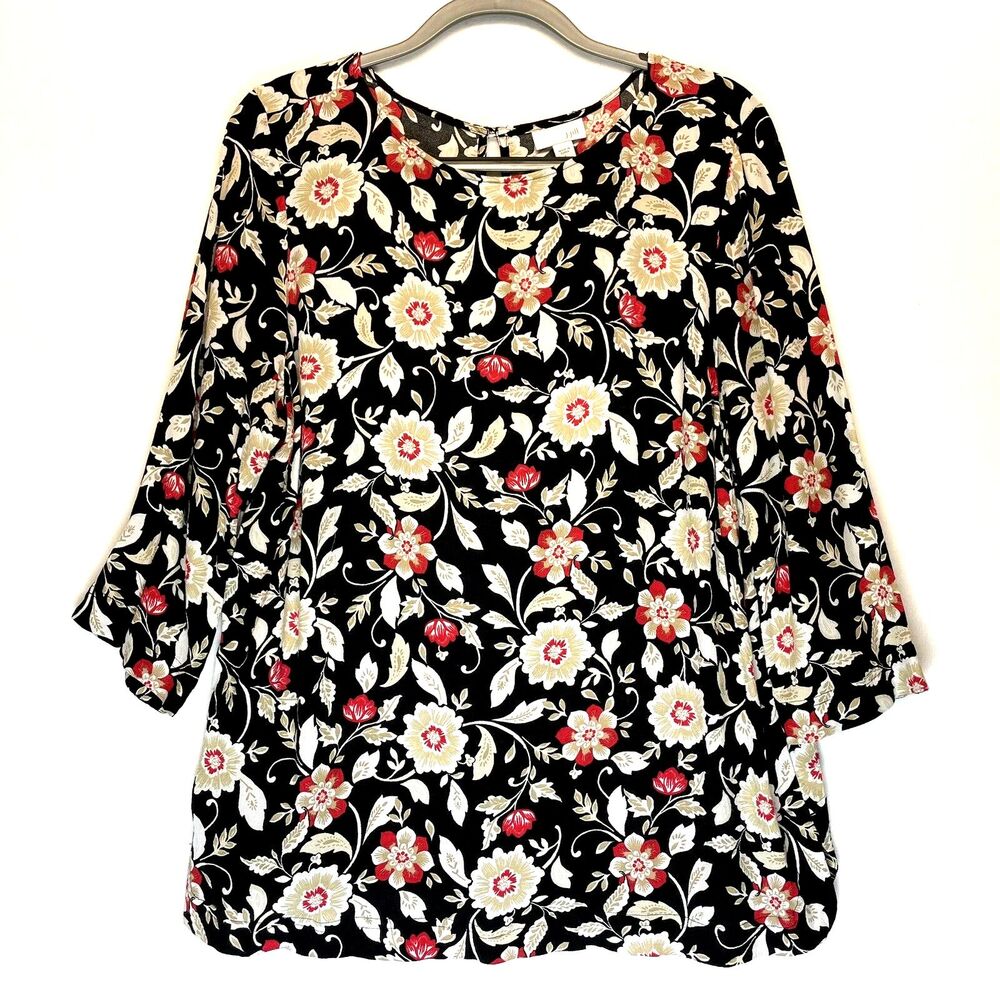 J Jill Top Size Large Tunic 3/4 Sleeve Floral Black 100% Viscose - Picture 1 of 5